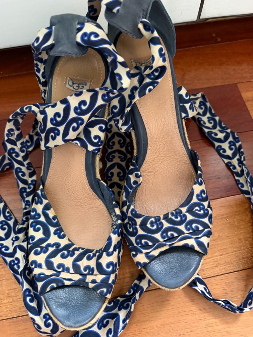 UGG Navy and Cream Swirl Lace-Up Wedge Sandals